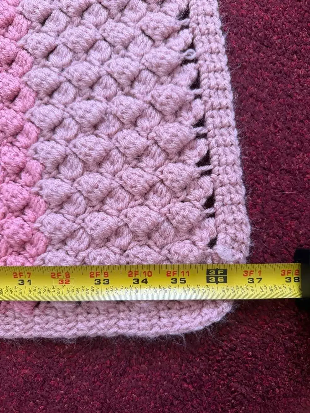 Handmade Crochet Baby Blanket Pink and Mauve/ tan Bobble Stitch 37 x 70 in